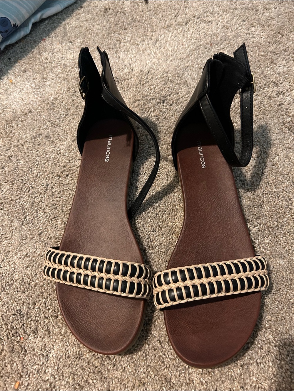 Maurices Black and Brown Woven-Strap Ankle Sandals with Cream Accents